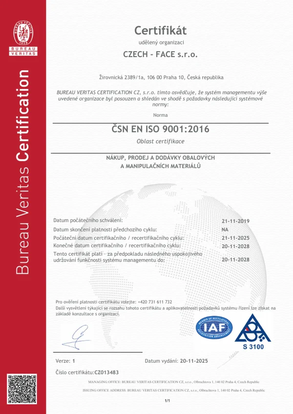 Certifikát ČSN EN ISO 9001:2016 – CZECH-FACE s.r.o.